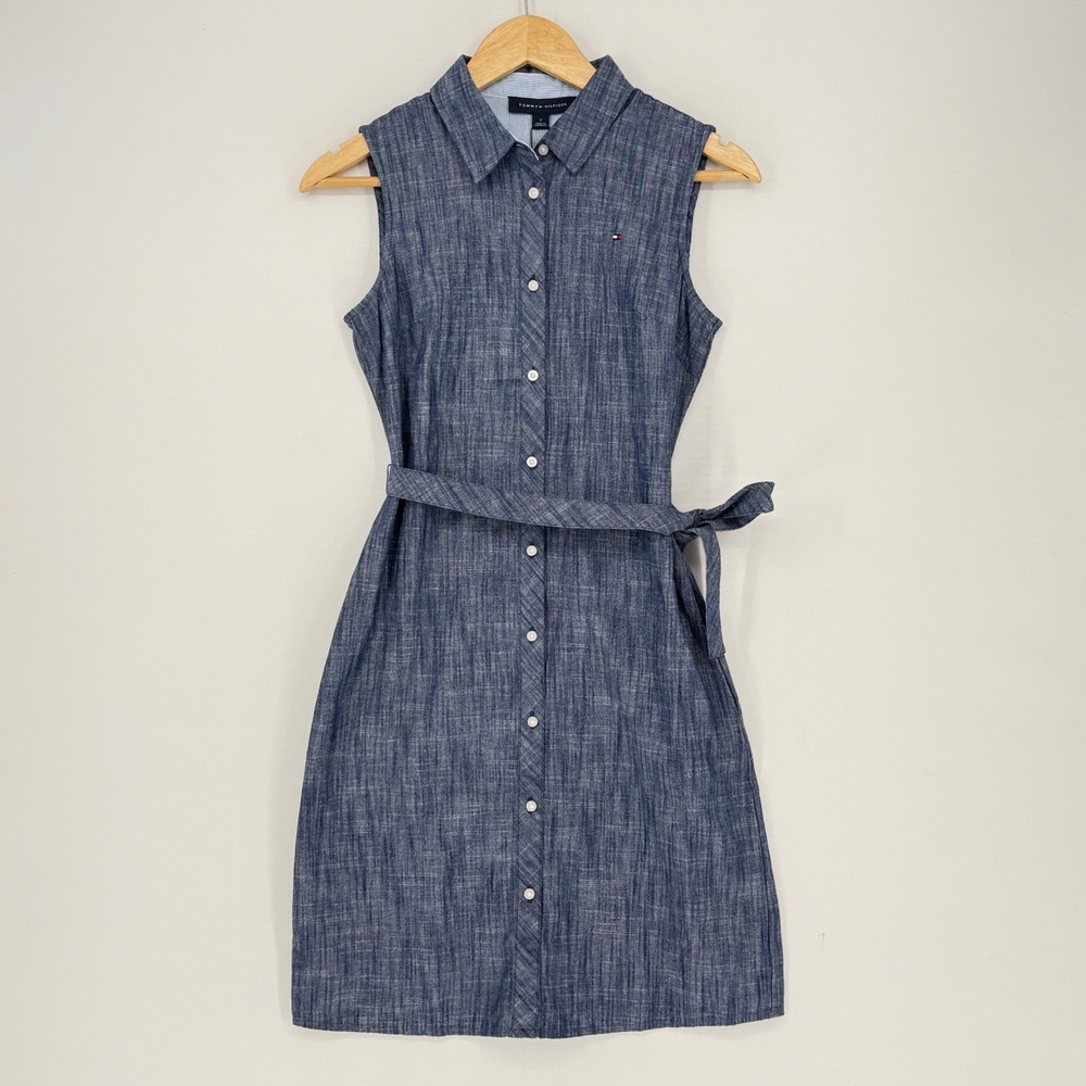 Tommy Hilfiger Shirt Dress Women 2 Blue Sleeveless Belted Preppy Coastal NEW